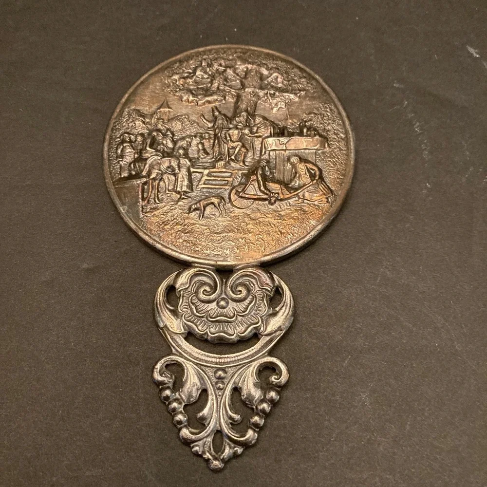 Hans Jensen Denmark Silver Plated Hand Mirror Healer Scene Repousse